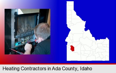 a heating contractor servicing a gas fireplace; Ada County highlighted in red on a map