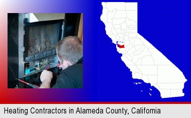 a heating contractor servicing a gas fireplace; Alameda County highlighted in red on a map