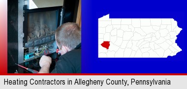 a heating contractor servicing a gas fireplace; Allegheny County highlighted in red on a map