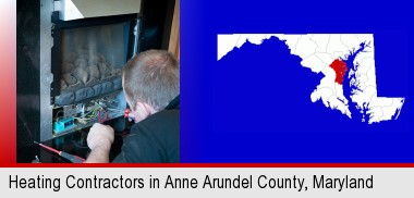 a heating contractor servicing a gas fireplace; Anne Arundel County highlighted in red on a map