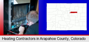 a heating contractor servicing a gas fireplace; Arapahoe County highlighted in red on a map