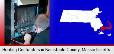 a heating contractor servicing a gas fireplace; Barnstable County highlighted in red on a map