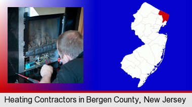 a heating contractor servicing a gas fireplace; Bergen County highlighted in red on a map