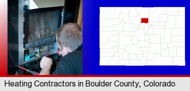 a heating contractor servicing a gas fireplace; Boulder County highlighted in red on a map