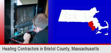 a heating contractor servicing a gas fireplace; Bristol County highlighted in red on a map