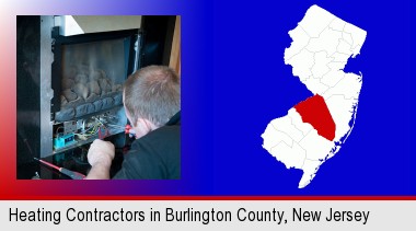 a heating contractor servicing a gas fireplace; Burlington County highlighted in red on a map