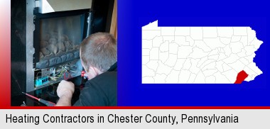 a heating contractor servicing a gas fireplace; Chester County highlighted in red on a map