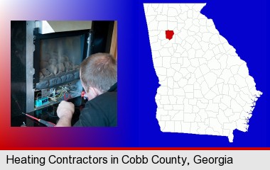 a heating contractor servicing a gas fireplace; Cobb County highlighted in red on a map