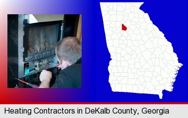 a heating contractor servicing a gas fireplace; DeKalb County highlighted in red on a map
