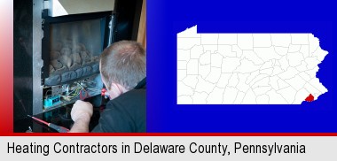 a heating contractor servicing a gas fireplace; Delaware County highlighted in red on a map