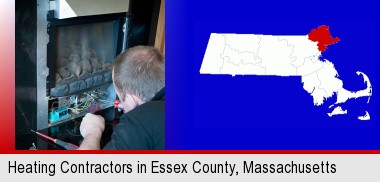 a heating contractor servicing a gas fireplace; Essex County highlighted in red on a map