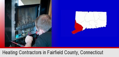 a heating contractor servicing a gas fireplace; Fairfield County highlighted in red on a map