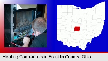 a heating contractor servicing a gas fireplace; Franklin County highlighted in red on a map