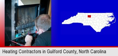 a heating contractor servicing a gas fireplace; Guilford County highlighted in red on a map