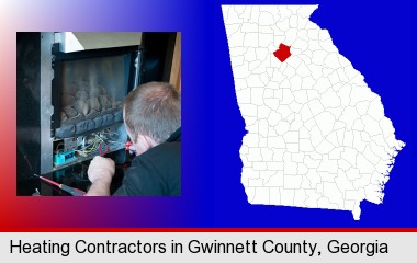 a heating contractor servicing a gas fireplace; Gwinnett County highlighted in red on a map