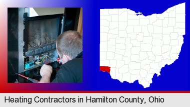 a heating contractor servicing a gas fireplace; Hamilton County highlighted in red on a map