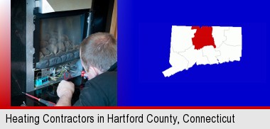 a heating contractor servicing a gas fireplace; Hartford County highlighted in red on a map