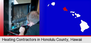 a heating contractor servicing a gas fireplace; Honolulu County highlighted in red on a map