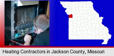 a heating contractor servicing a gas fireplace; Jackson County highlighted in red on a map