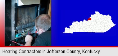 a heating contractor servicing a gas fireplace; Jefferson County highlighted in red on a map