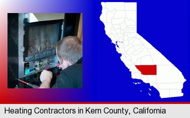 a heating contractor servicing a gas fireplace; Kern County highlighted in red on a map
