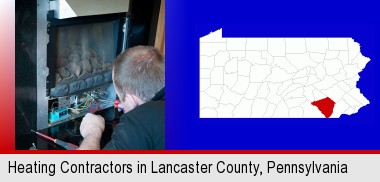 a heating contractor servicing a gas fireplace; Lancaster County highlighted in red on a map