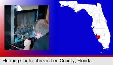 a heating contractor servicing a gas fireplace; Lee County highlighted in red on a map