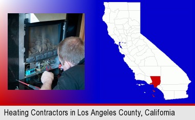 a heating contractor servicing a gas fireplace; Los Angeles County highlighted in red on a map