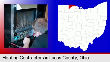 a heating contractor servicing a gas fireplace; Lucas County highlighted in red on a map