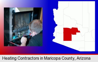 a heating contractor servicing a gas fireplace; Maricopa County highlighted in red on a map