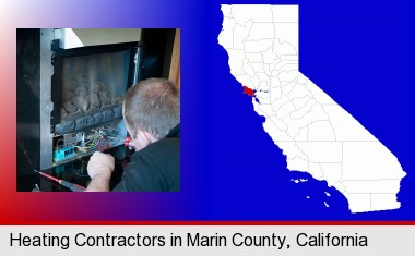 a heating contractor servicing a gas fireplace; Marin County highlighted in red on a map