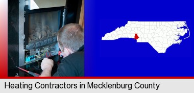 a heating contractor servicing a gas fireplace; Mecklenburg County highlighted in red on a map
