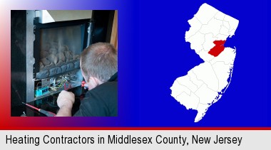 a heating contractor servicing a gas fireplace; Middlesex County highlighted in red on a map