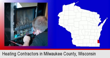 a heating contractor servicing a gas fireplace; Milwaukee County highlighted in red on a map
