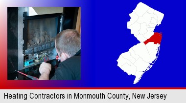a heating contractor servicing a gas fireplace; Monmouth County highlighted in red on a map