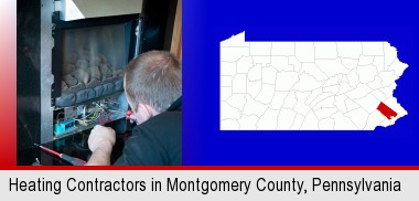 a heating contractor servicing a gas fireplace; Montgomery County highlighted in red on a map