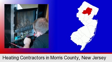 a heating contractor servicing a gas fireplace; Morris County highlighted in red on a map