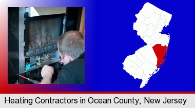 a heating contractor servicing a gas fireplace; Ocean County highlighted in red on a map