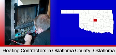 a heating contractor servicing a gas fireplace; Oklahoma County highlighted in red on a map