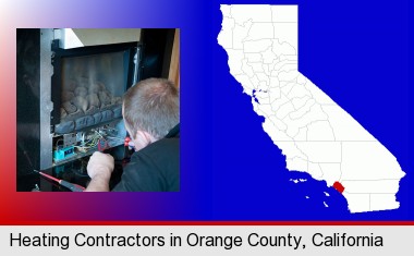 a heating contractor servicing a gas fireplace; Orange County highlighted in red on a map
