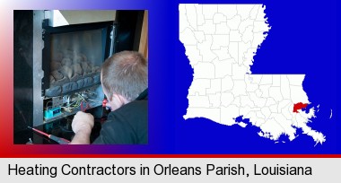 a heating contractor servicing a gas fireplace; Orleans Parish highlighted in red on a map