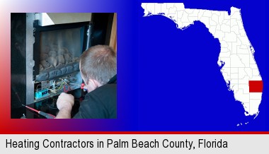 a heating contractor servicing a gas fireplace; Palm Beach County highlighted in red on a map