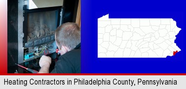 a heating contractor servicing a gas fireplace; Philadelphia County highlighted in red on a map