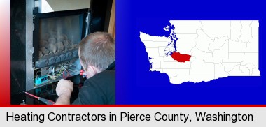 a heating contractor servicing a gas fireplace; Pierce County highlighted in red on a map