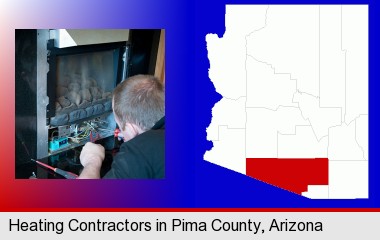 a heating contractor servicing a gas fireplace; Pima County highlighted in red on a map