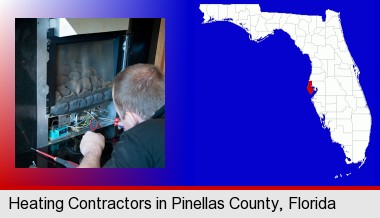 a heating contractor servicing a gas fireplace; Pinellas County highlighted in red on a map