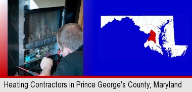 a heating contractor servicing a gas fireplace; Prince George's County highlighted in red on a map