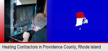 a heating contractor servicing a gas fireplace; Providence County highlighted in red on a map