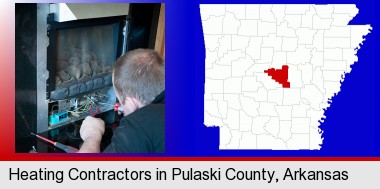 a heating contractor servicing a gas fireplace; Pulaski County highlighted in red on a map