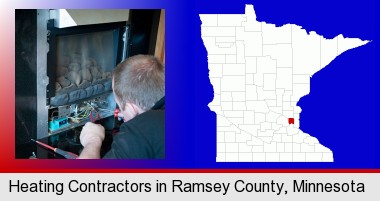 a heating contractor servicing a gas fireplace; Ramsey County highlighted in red on a map